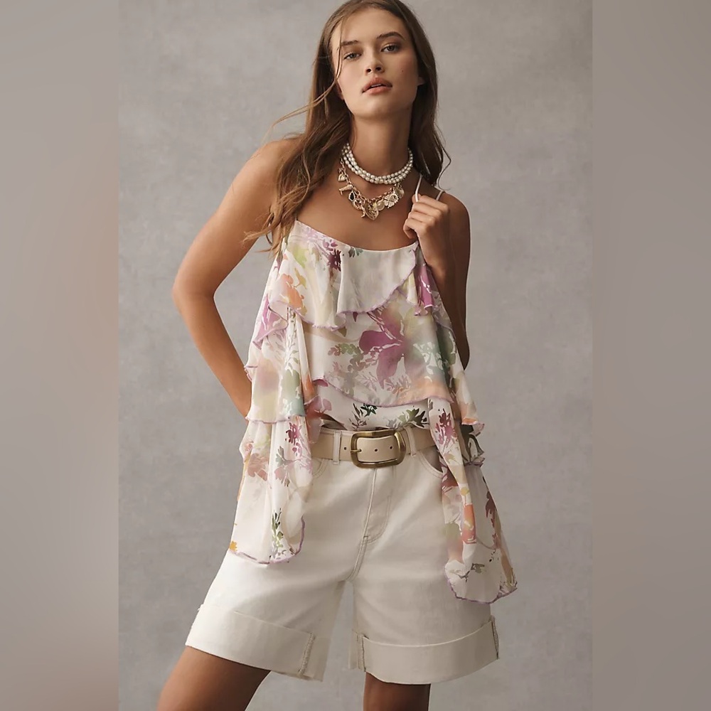 NWT Anthropologie White Floral Tiered Ruffled Blouse